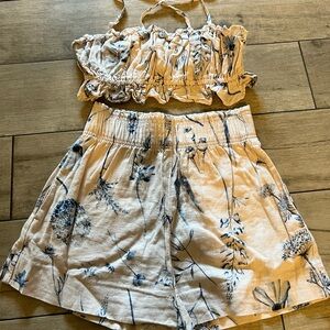 Two-Piece Floral Smocked Crop Top and Shorts Set - Cream and Navy